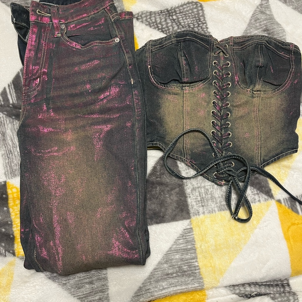 Pink and Denim Lace-Up Corset and Jeans Set